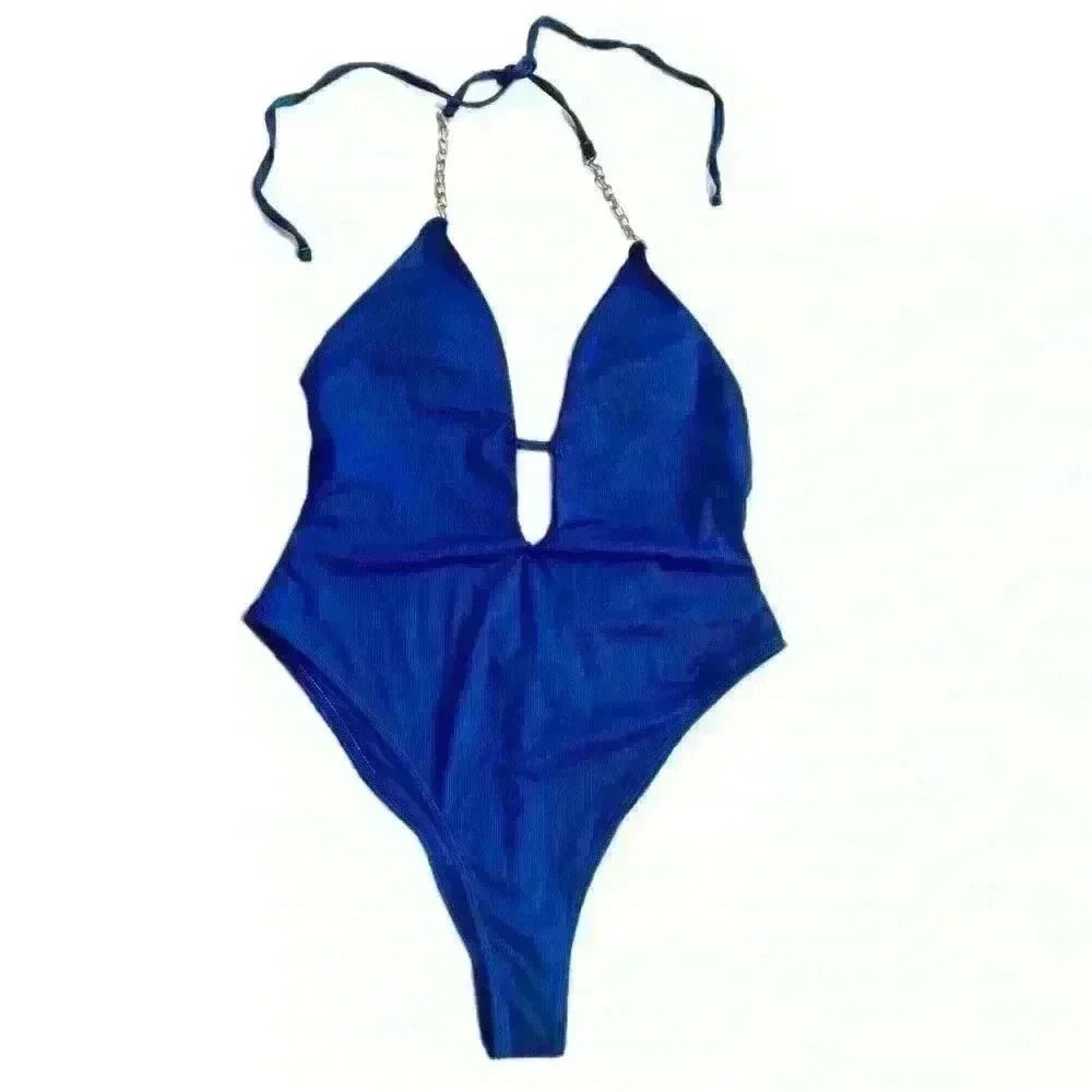 Refuge Womens Swim One Piece Swim Bathing Suit Size Large Gold Chain Strap